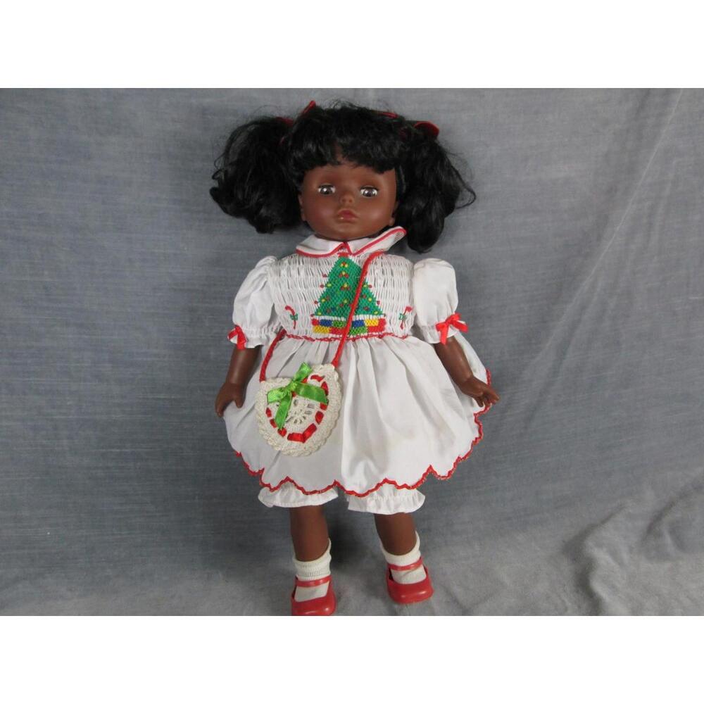 Vintage Lissi Batz Christmas Doll 18” African American Girl Embroidered Dress